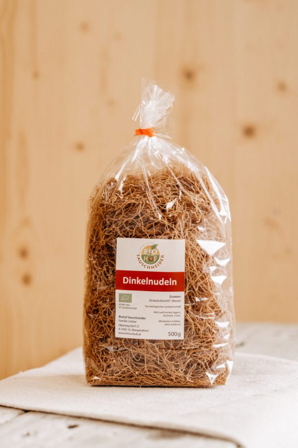 500g Bio-Dinkelnudeln im Beutel, regionale Spezialität aus dem Lungau, nachhaltige Produktion