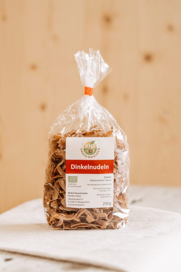 250g Dinkelnudeln im Plastikbeutel aus biologischem Anbau vom Biohof Sauschneider, Lungau