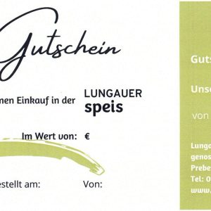 Gutschein der Lungauer Speis für regionale Lebensmittel, mit Kuhgrafik und Öffnungszeiten